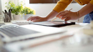 laptop, desk, female writing