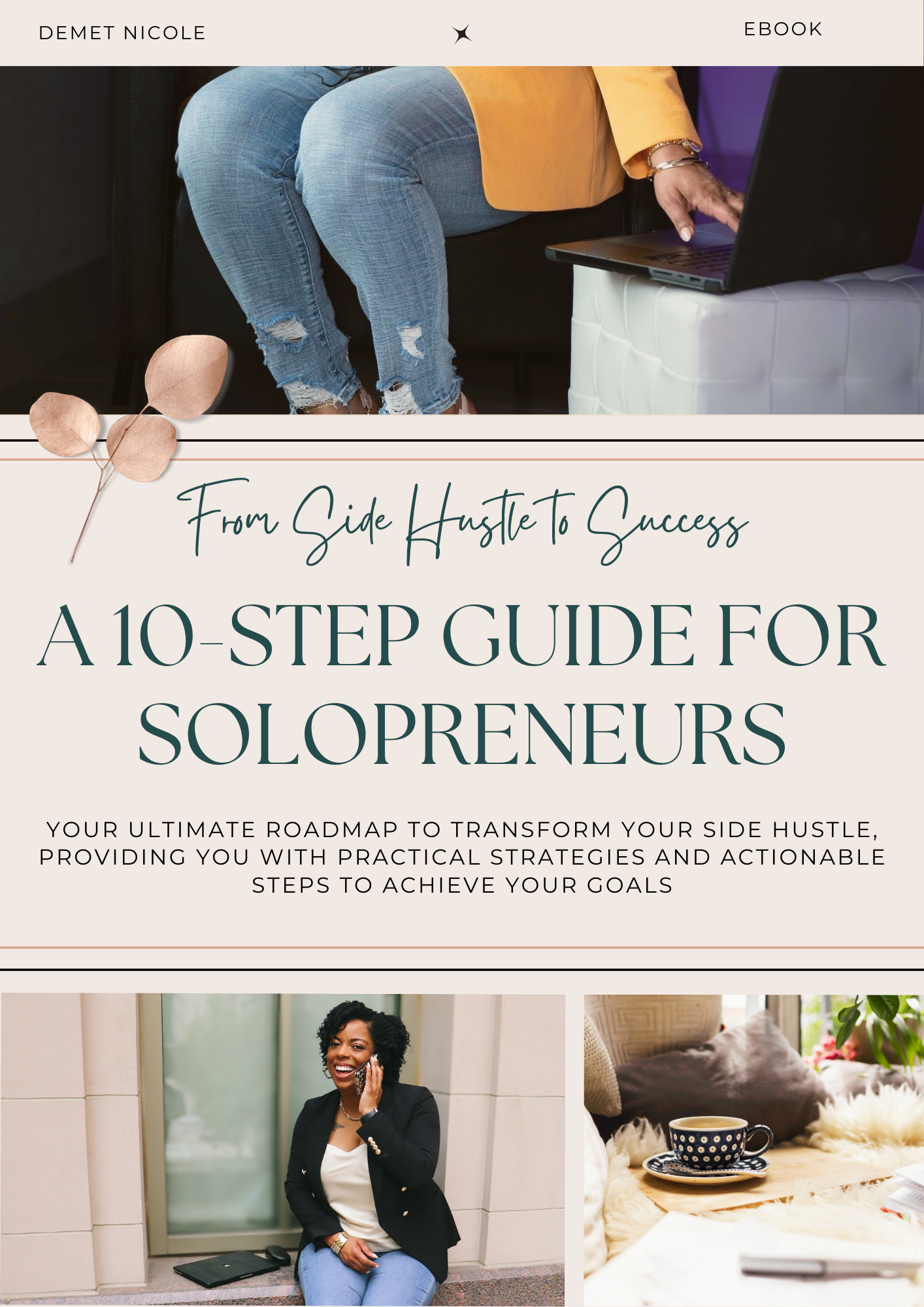 From Side Hustle to Success Book Title Page with business woman solopreneur on cover.